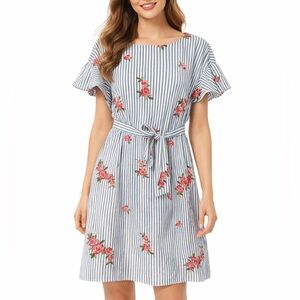 Nine West Blue and Pink Striped Floral Mini Dress